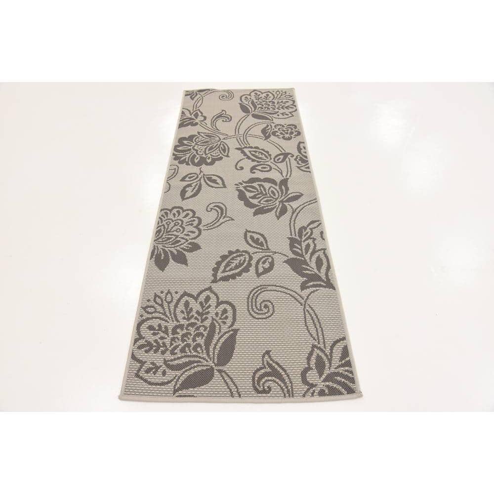 Reversible Gray Outdoor Runner Rug with Botanical Design, Easy-Care Synthetic