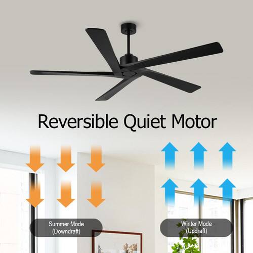 64 in. DC Indoor Black Ceiling Fan without Lights, 5 Reversible Carved Solid Wood Blades Remote Control Ceiling Fans