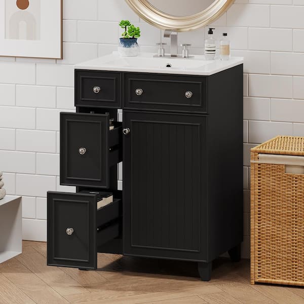 24in.W x 18.3 in.D x 34.3 in.H Black Bathroom Vanity Cabinet Freestanding,2 Drawers, 1 Door,Top Ceramic with White Basin