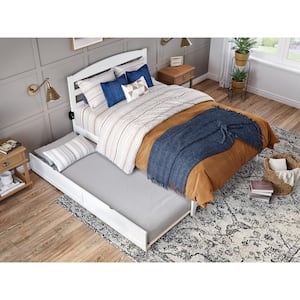 Warren 53-1/2 in. W White Full Solid Wood Frame with Twin Pull Out Trundle Bed and USB Charger Platform Bed