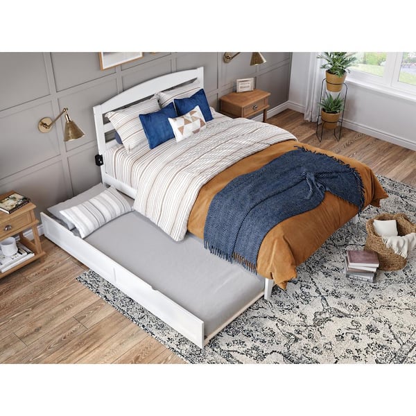 AFI Warren 53-1/2 in. W White Full Solid Wood Frame with Twin Pull Out Trundle Bed and USB Charger Platform Bed