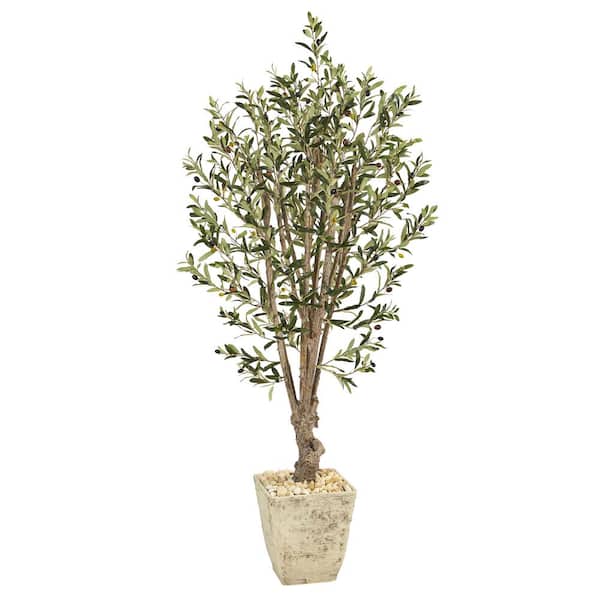 Nearly Natural 5 ft. Olive Artificial Tree in Country White Planter