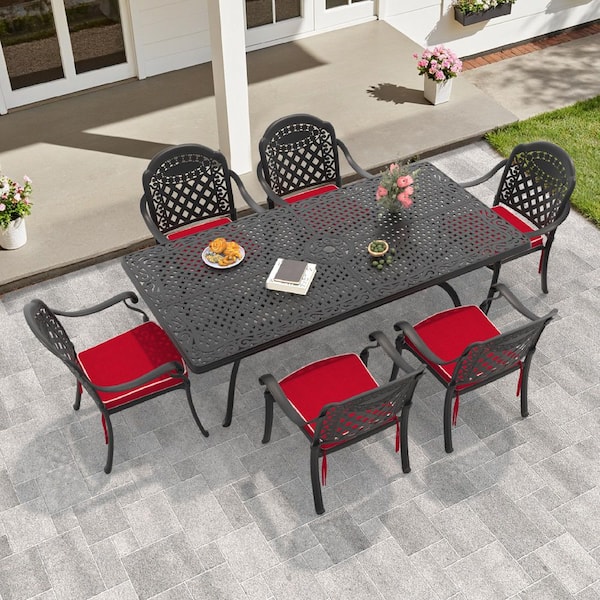 Willit Isabella Black 7-Piece Cast Aluminum Outdoor Dining Set with Rectangle Table and Dining Chairs with Red Cushion