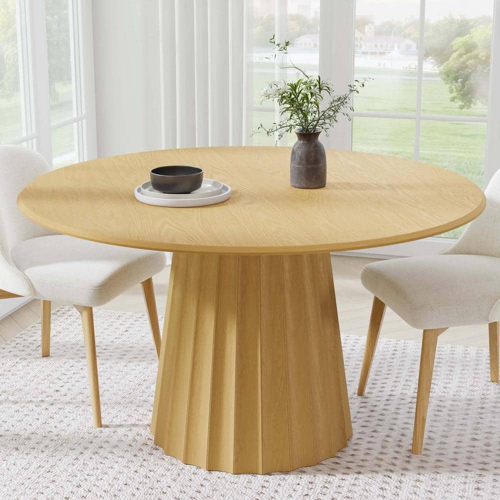 Dovelina 52 in. Solid Wood Natural Oak Pedestal Dining Table Round ...