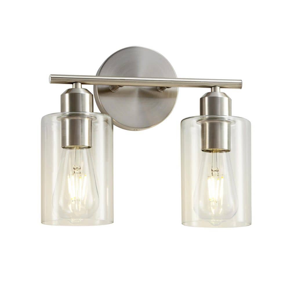 Brushed Nickel 2-Light Vanity Fixture with Clear Glass Shades