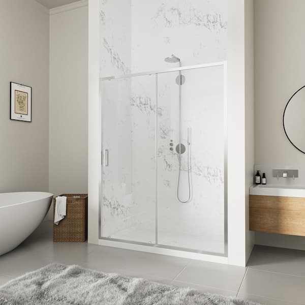 QuickMount 48 in. W x 74 in. H Single Sliding Semi Frameless Shower Door in Chrome with Clear 1/4 in. Glass