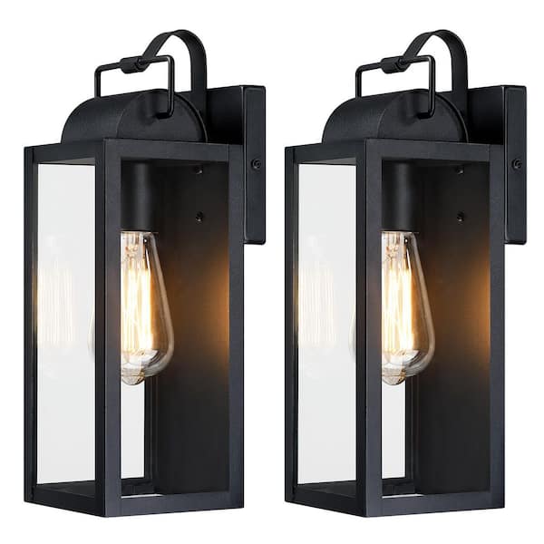 pasentel 14.25 in. 1-Light Black Outdoor Hardwired Wall Lantern Sconce with Clear Glass(2-Pack)
