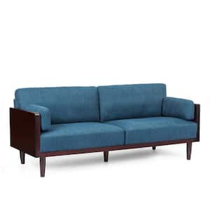 Forgey 77.25 in. Square Arm Polyester Straight 3 Seaters Sofa with Pillows in Navy Blue and Dark Walnut