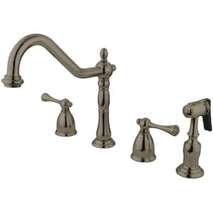English Country 2-Handle Deck Mount Widespread Kitchen Faucets with Brass Sprayer in Brushed Nickel
