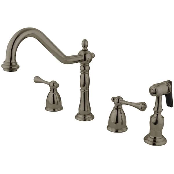 Kingston Brass English Country 2-Handle Deck Mount Widespread Kitchen Faucets with Brass Sprayer in Brushed Nickel