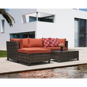 3-Piece Wicker Patio Sectional Seating Set with Orange Cushions