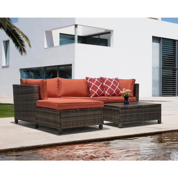 EDYO LIVING 3-Piece Wicker Patio Sectional Seating Set with Orange Cushions