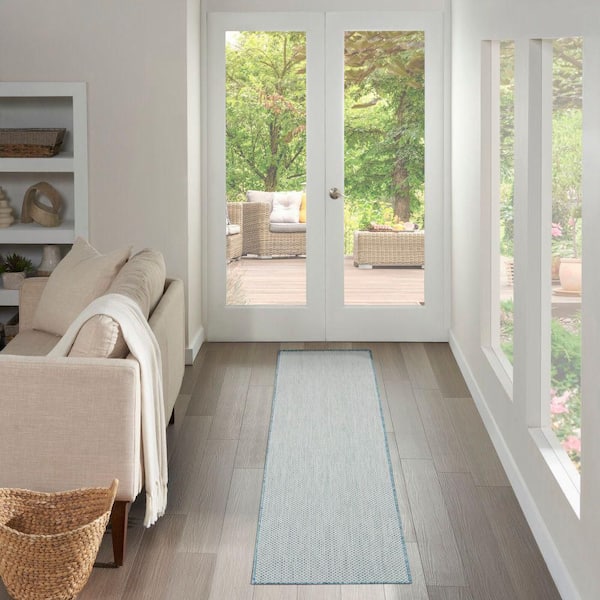 Courtyard Ivory/Aqua 2 ft. x 10 ft. Runner Solid Geometric Contemporary Indoor/Outdoor Area Rug