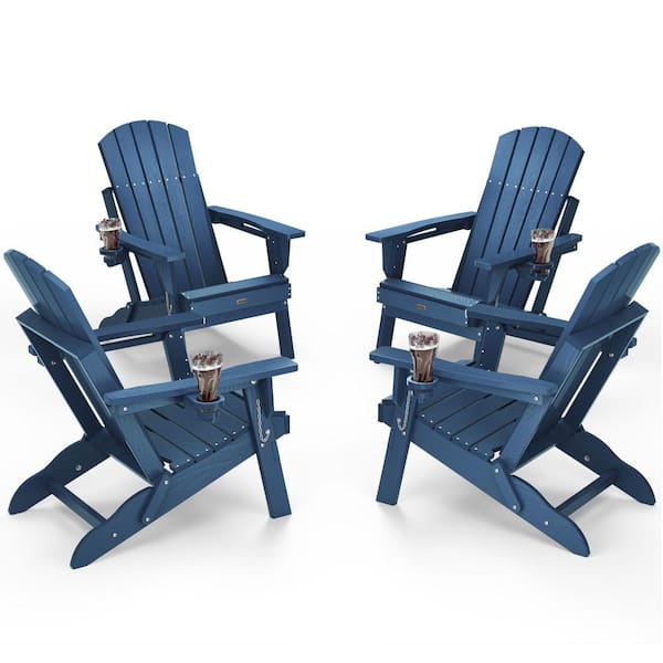 Mximu Navy HDPE Outdoor Folding Plastic Adirondack Chair with Cupholder(4-Pack)
