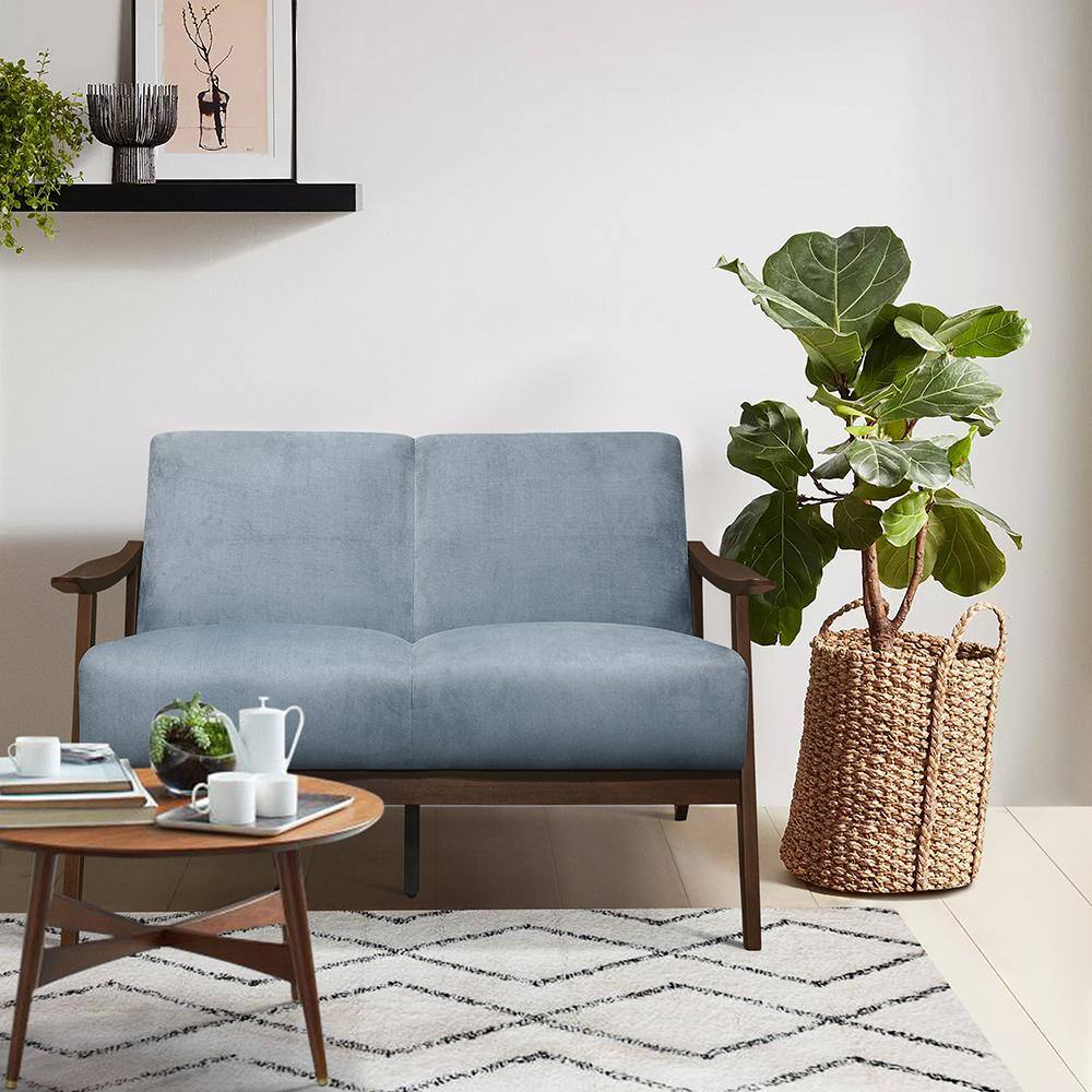 Carlson Blue Gray Velvet Loveseat with Dark Walnut Wood Frame