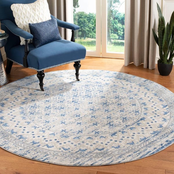 Brentwood Light Grey/Blue 5 ft. x 5 ft. Round Geometric Multi-Border Area Rug