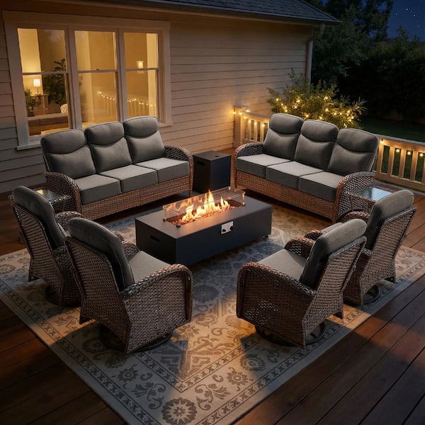 Luna Brown 9-Piece Wicker Outdoor Patio Fire Pit Seating Set with 6 in. Olefin Gray Cushions