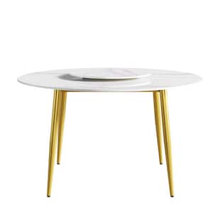 53.15 in. Circular Sintered Stone Tabletop Kitchen Dining Table with Lazy Susan with 4 Gold Metal Legs (6 Seats)