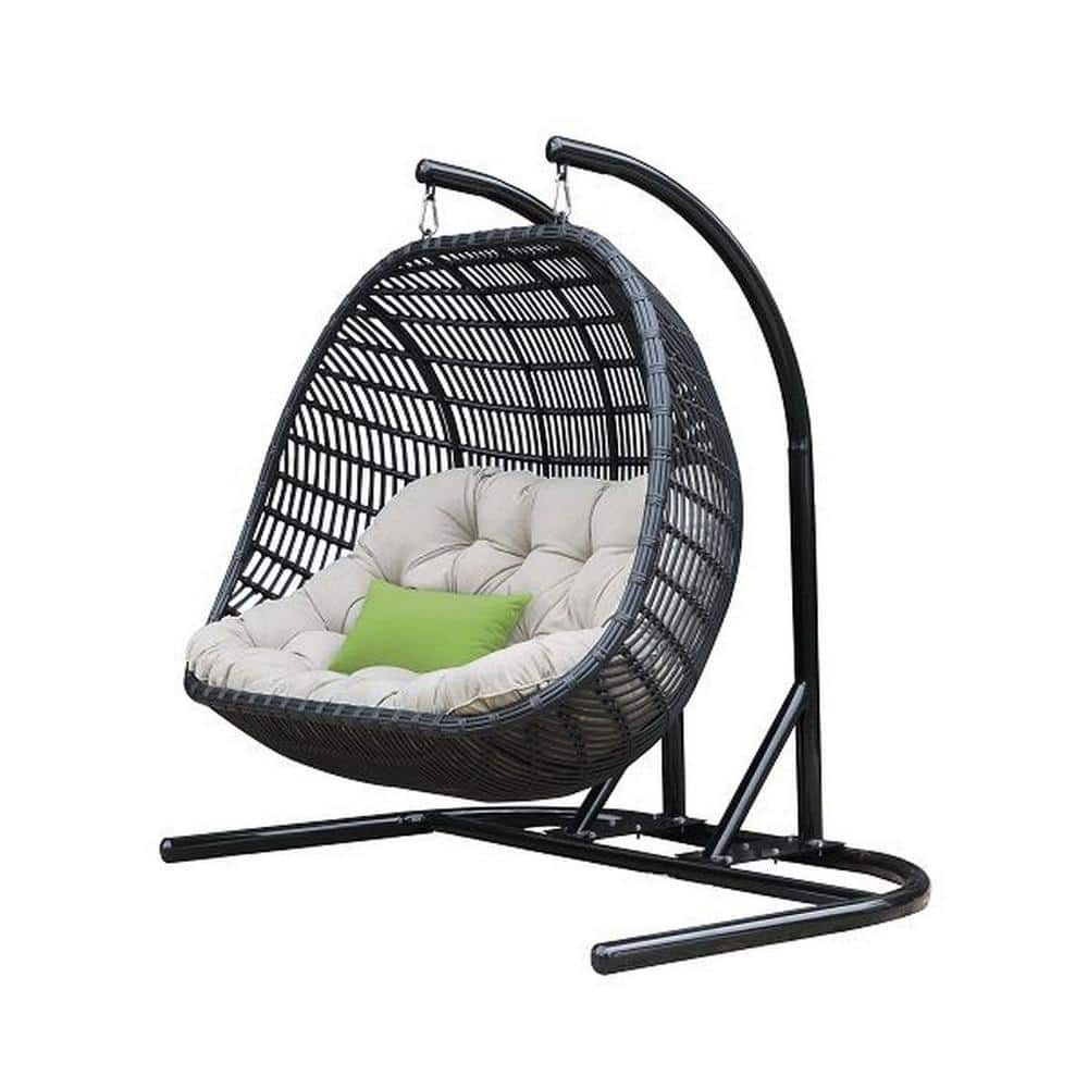 Renava San Juan Black Aluminum Hanging Chair with Beige Cushions