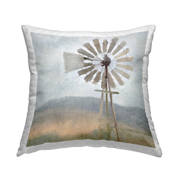 Calm Country Windmill Rural Farm Scene Multi-Color Square Outdoor Throw Pillow