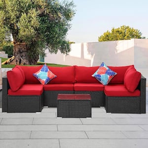 Black 7-Piece Wicker Outdoor Patio Conversation Set Sectional Set with Red Cushions