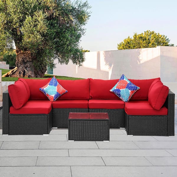 Unbranded Black 7-Piece Wicker Outdoor Patio Conversation Set Sectional Set with Red Cushions