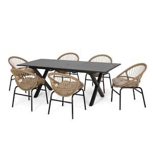Sunapee Expandable 7-Piece Wicker and Aluminum Outdoor Dining Set with Beige Cushions