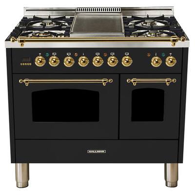 40 in. 4.0 cu. ft. Double Oven Dual Fuel Italian Range True Convection, 5 Burners, Griddle, Brass Trim in Glossy Black