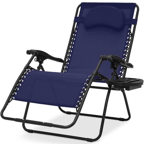 Unbranded Metal Outdoor Chaise Lounge in Navy with Cup Holder and Pillow