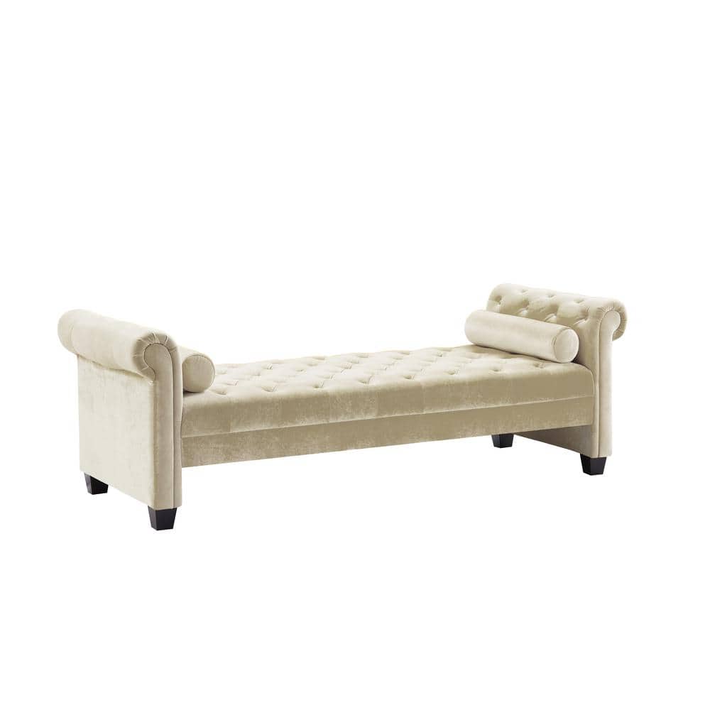 82.3 in. Rectangular Rolled Arm Fabric Upholstered Straight Bench Sofa Stool for Bedroom Living Hallway Beige, Ivory