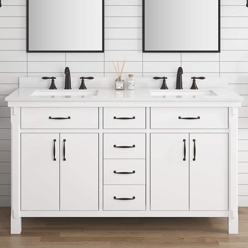 Bellington 60 in. Double Sink White Bath Vanity with White Engineered Stone