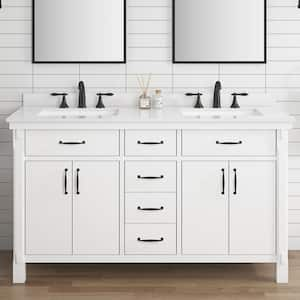 Bellington 60 in. Double Sink White Bath Vanity with White Engineered Stone Top (Assembled)