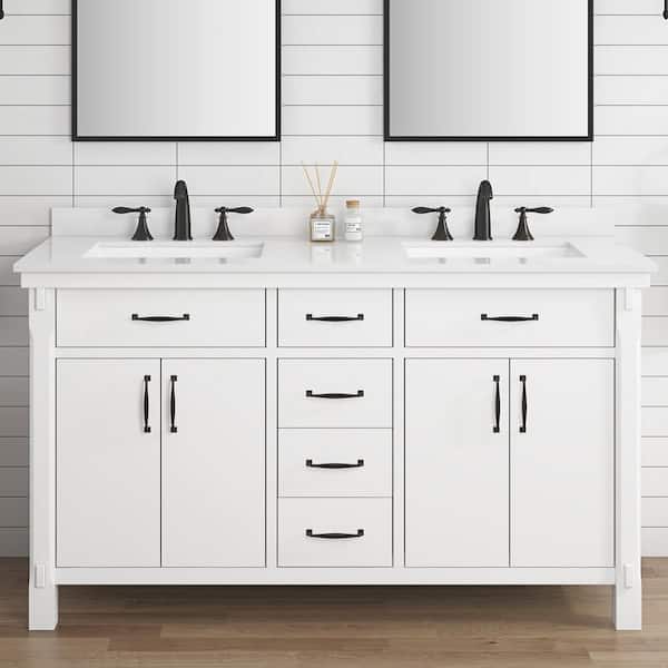 Home Decorators Collection Bellington 60 in. Double Sink White Bath Vanity with White Engineered Stone Top (Assembled)