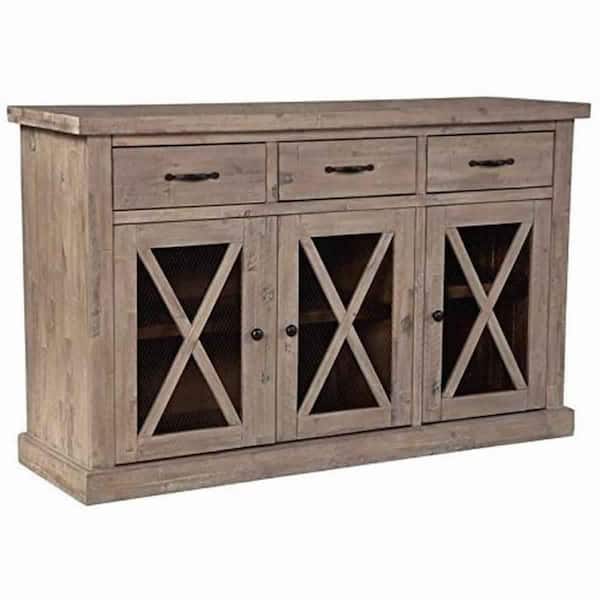 Benjara Brown Wood Top 58 in. Sideboard with 3 Smooth gliding drawers