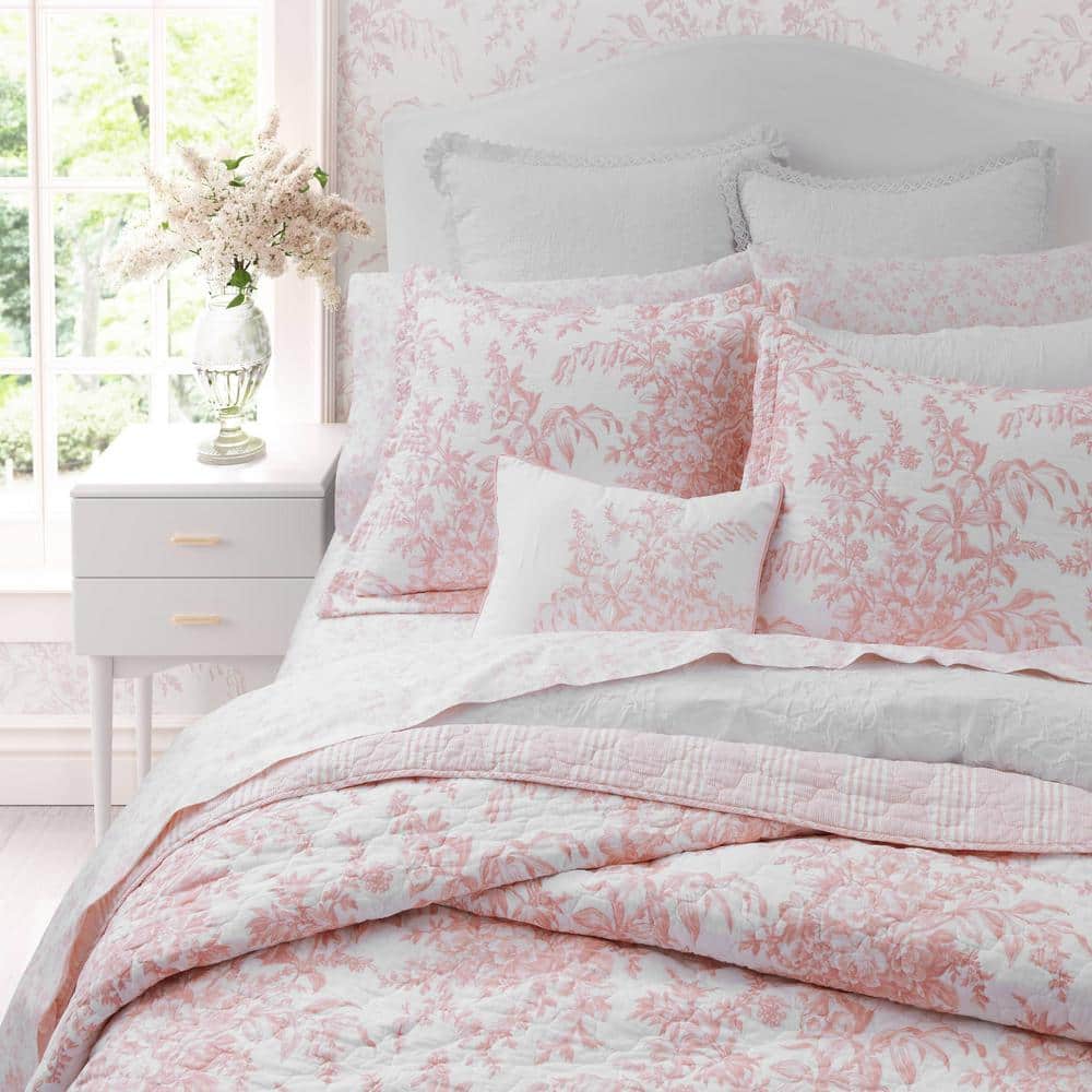 Pink Reversible Cotton Full Quilt Set with Shams