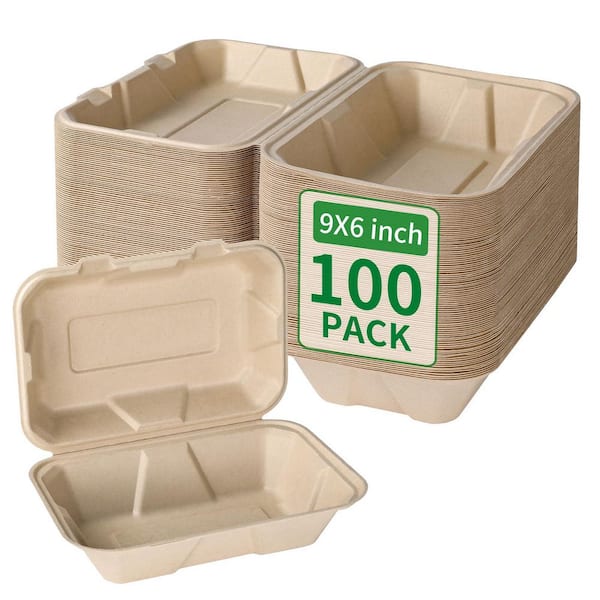 Compostable Bagasse Takeout Containers with Lids, PFAS-Free, Eco-Friendly, Biodegradable, 100 Pack