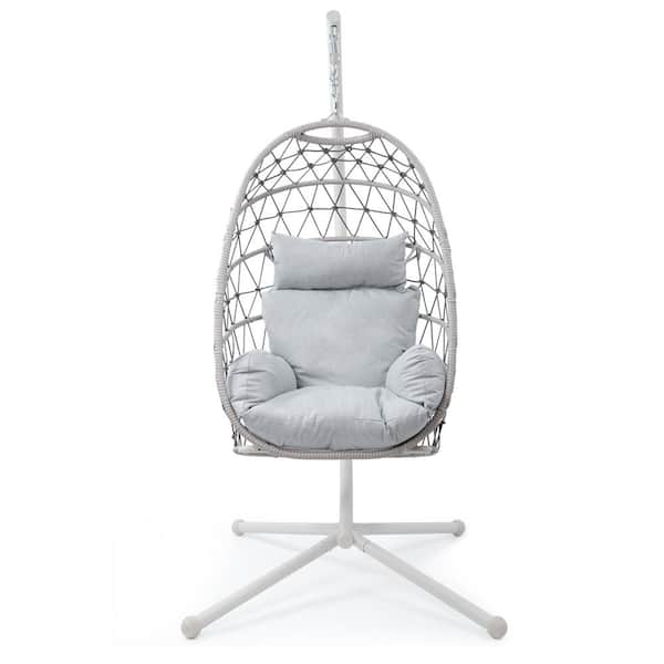 Unbranded Outdoor Comfortable Hanging Rope Rattan White Metal Patio Swing Chair with Light Gray Cushions, for Adults Backyard