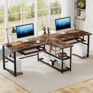 Havrvin 95 in. Rectangular Brown Engineered Wood 2-Person Computer Desk with Keyboard Tray, Storage Shelves and Hooks