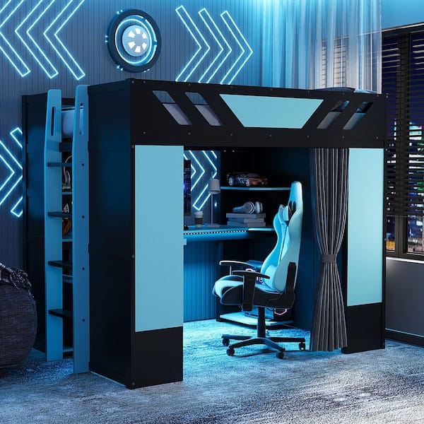 Black/Blue Full Wood Loft Bed with Wardrobe, shelves, blackout Curtains, and Rgb Lights