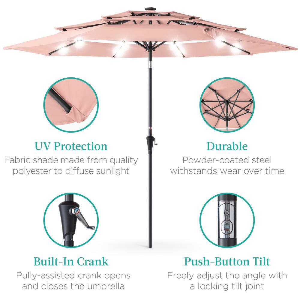 10ft Rose Quartz Steel Market Umbrella with LED Lights and Crank Lift