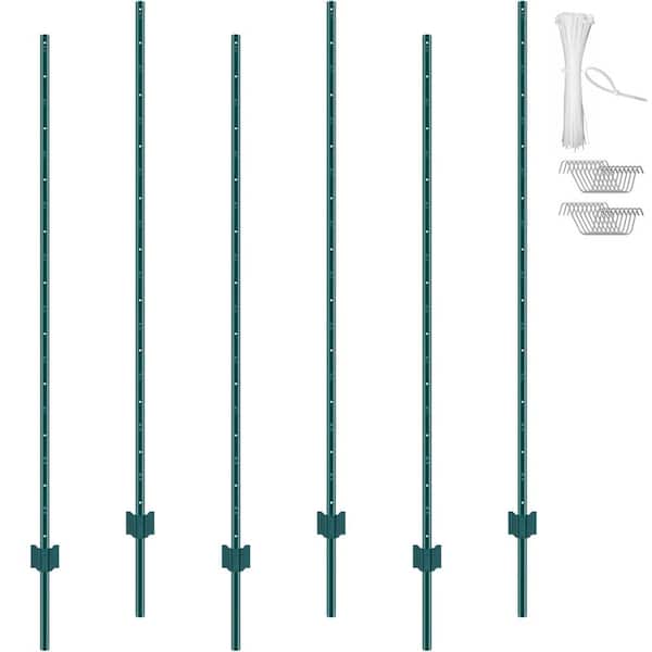 6 ft. Fence Post, T-Post Heavy-Duty Metal Fence Posts, Sturdy Steel Fence Stakes for Garden Yard, Lawn, Green (6-Pack)
