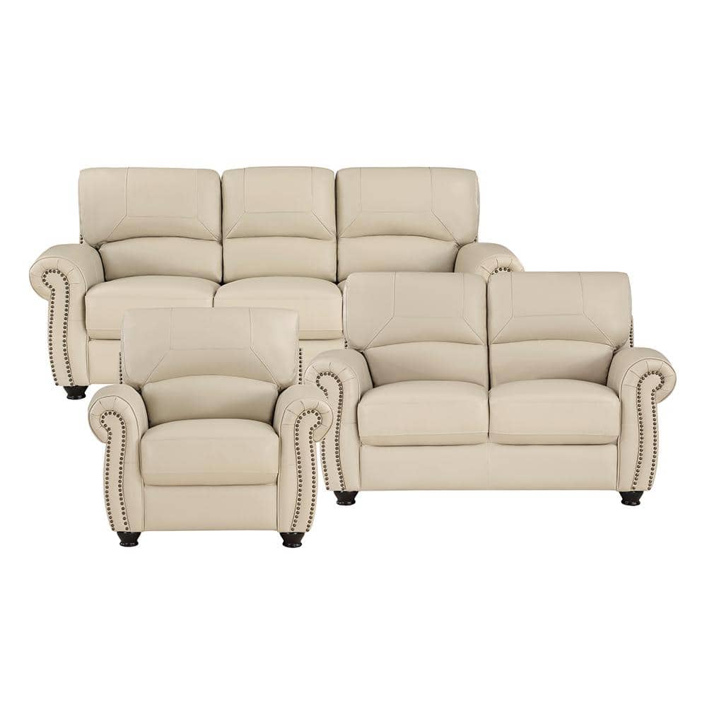 Brennen 84 in. W Rolled Arm Leather Rectangle 3-Piece Living Room Sofa Set 