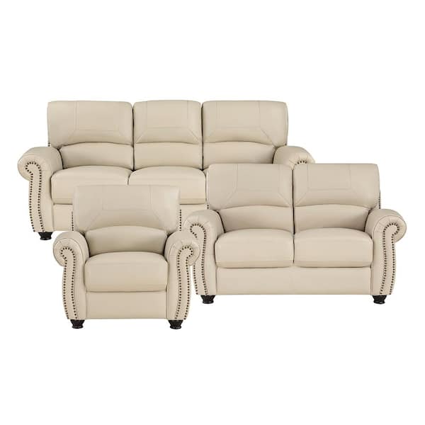 Brennen 84 in. W Rolled Arm Leather Rectangle 3-Piece Living Room Sofa Set in. Cream