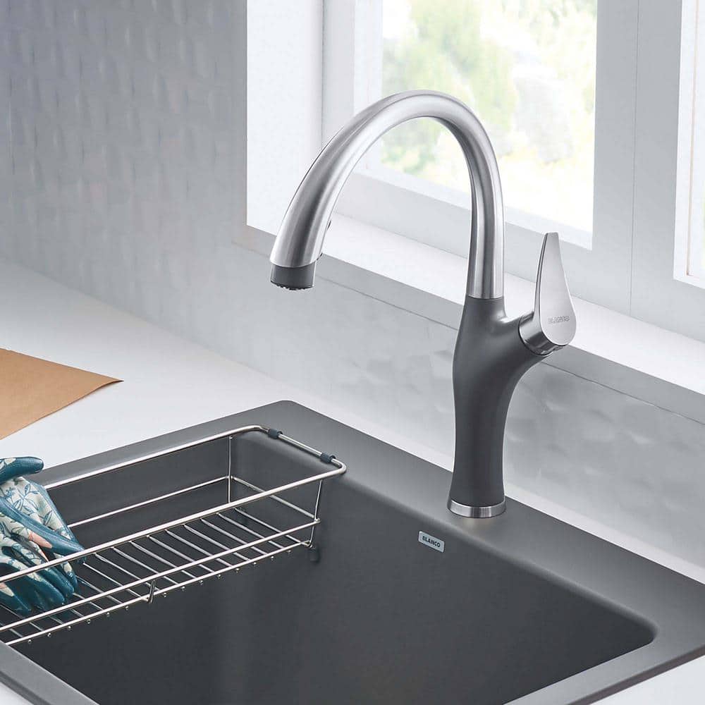 Stainless Steel and Gray Pull-Down Spray Kitchen Faucet