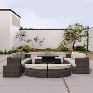 Windy Brown 8-Piece Wicker Patio Fire Pit Conversation Sofa Set with Beige Cushions