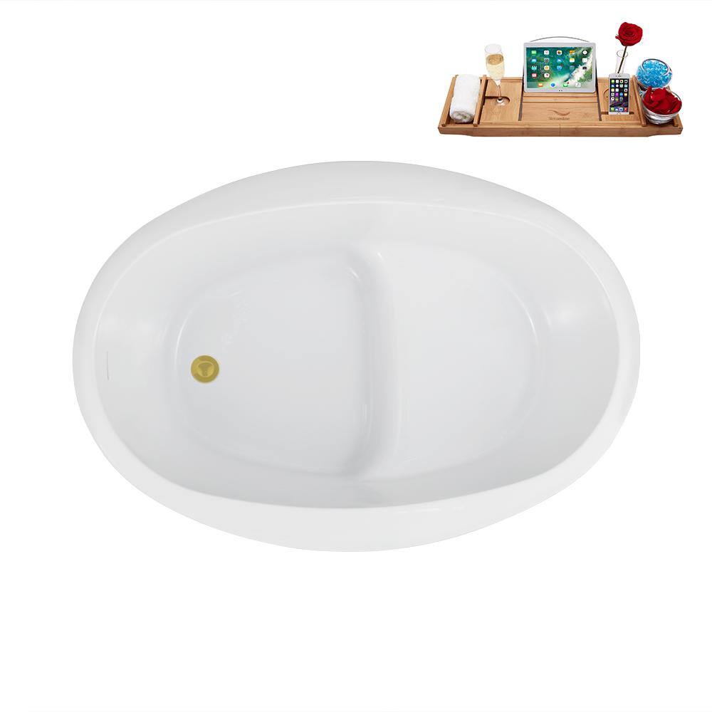 Glossy White Acrylic Freestanding Soaking Bathtub with Brushed Gold Drain