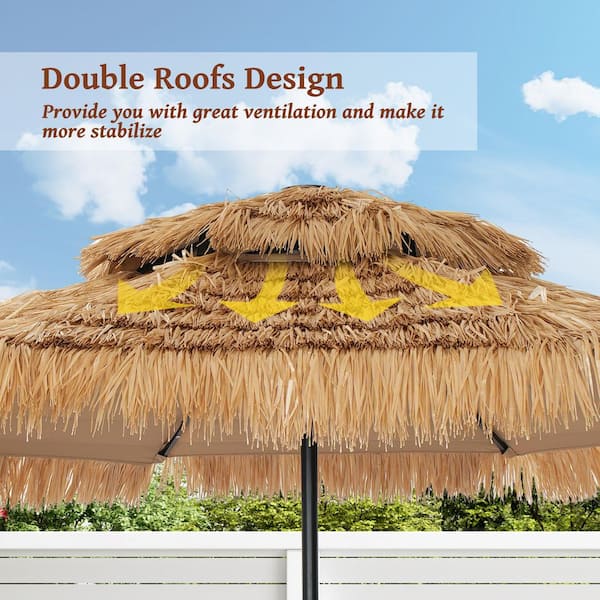 9 ft. Thatched Tiki Beach Umbrella 2-Tier Patio Umbrella with LED Light in Natural Color