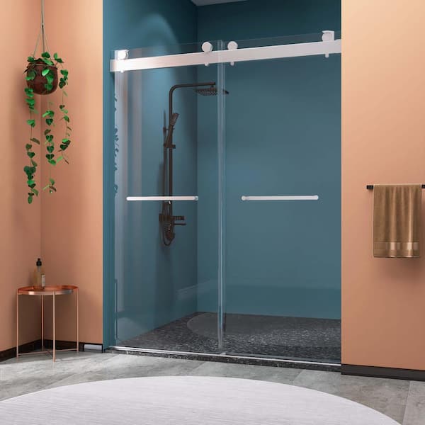 Unbranded 72 in.W x 79 in.H Double Sliding Frameless Shower Door Brushed Nickel Finish with 3/8 in. (10 mm) Clear Tempered Glass
