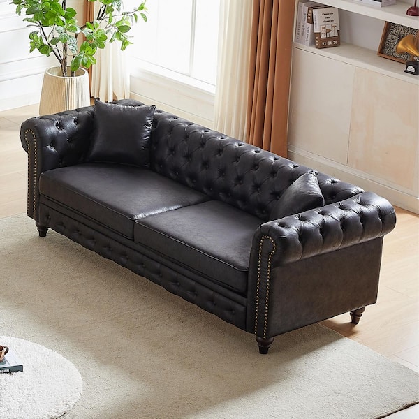85.5 in. W Polyester 3-Seats Loveseat, Wood and Tech Fabric Sofa with Foam Cushions in Black