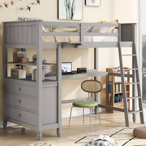 Gray Twin Size Wood Loft Bed with Drawers and Desk, Wooden Loft Bed with Shelves